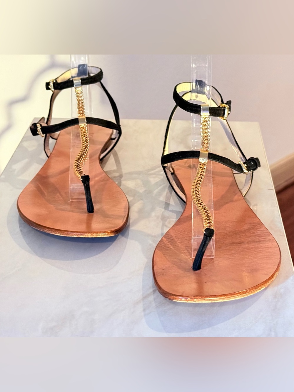 MICHAEL Michael Kors Black Suede and Gold T-Strap Leather Sandals